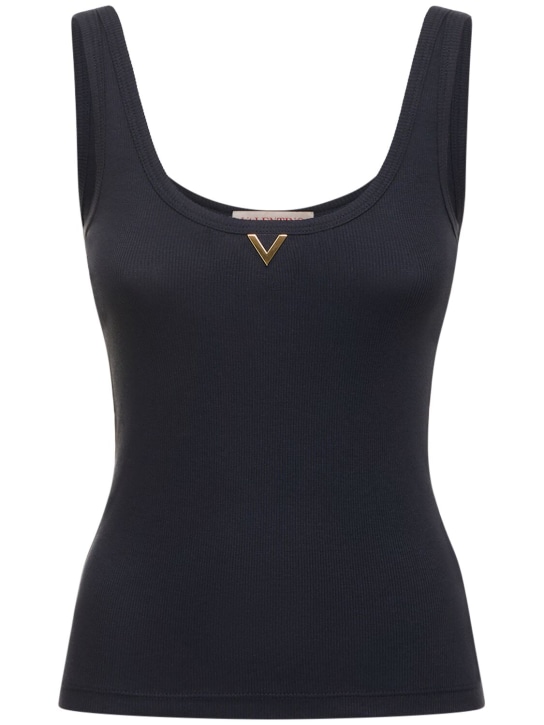 Valentino: Tank top in jersey di cotone a costine - Navy - women_0 | Luisa Via Roma
