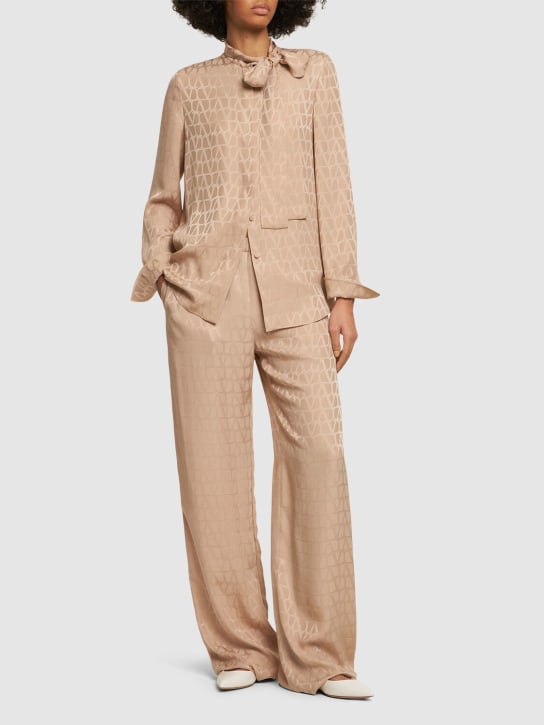 Valentino: Silk jacquard logo straight pants - Camel - women_1 | Luisa Via Roma