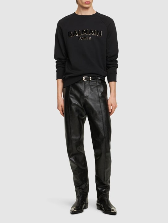 Balmain: Flocked & foiled logo sweatshirt - Black/Gold - men_1 | Luisa Via Roma