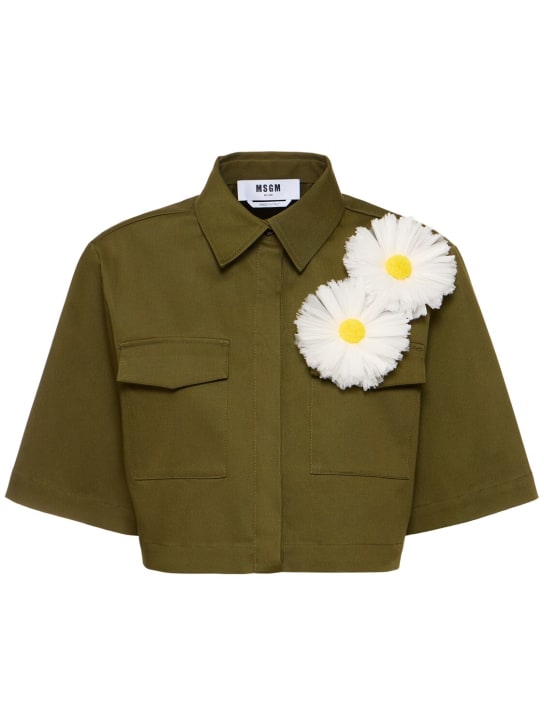 MSGM: Camicia cropped in misto cotone - Verde Militare - women_0 | Luisa Via Roma