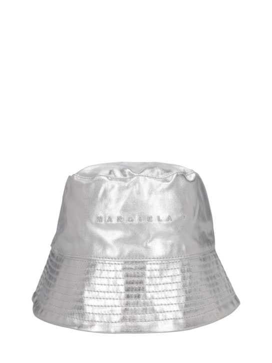 MM6 Maison Margiela: Laminated logo print cotton bucket hat - Silver - kids-girls_0 | Luisa Via Roma