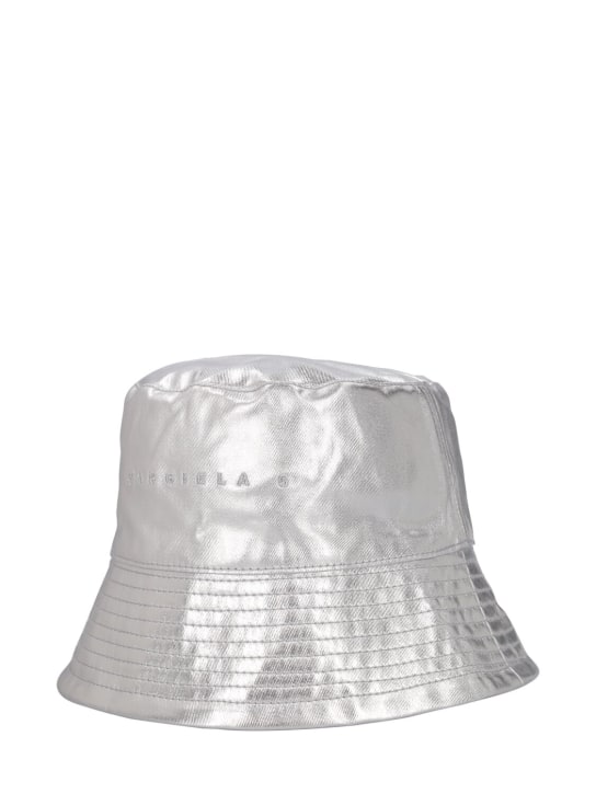 MM6 Maison Margiela: Laminated logo print cotton bucket hat - Silver - kids-girls_1 | Luisa Via Roma
