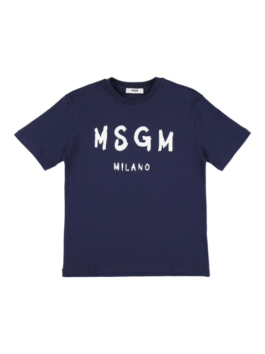 MSGM: T-shirt en jersey de coton imprimé logo - Bleu - kids-girls_0 | Luisa Via Roma