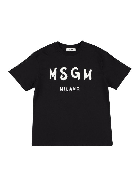 MSGM: Logo印花棉质平纹针织T恤 - 黑色 - kids-boys_0 | Luisa Via Roma