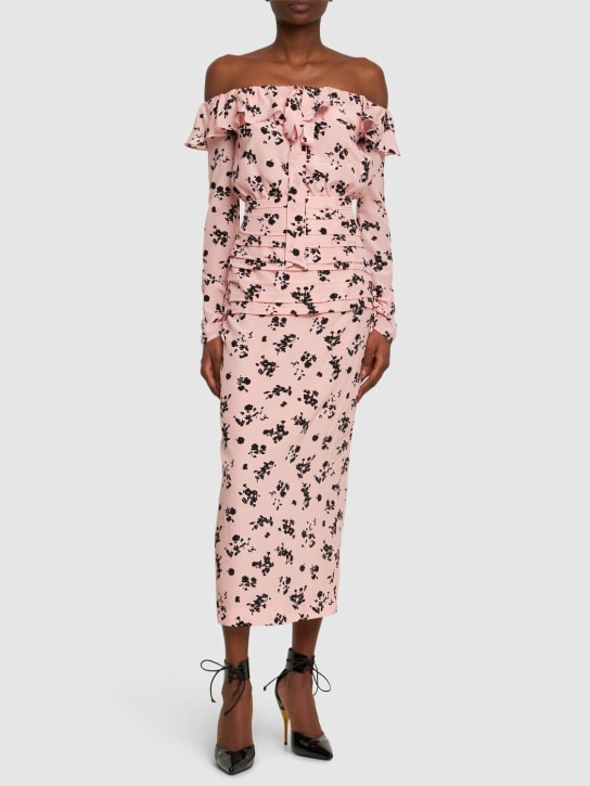 Alessandra Rich: 프린티드 실크 오프숄더 미디 드레스 - 핑크/블랙 - women_1 | Luisa Via Roma