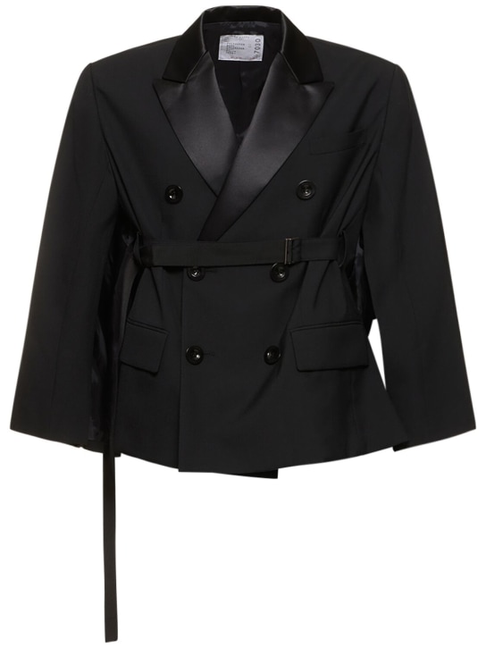 Sacai: Belted double breast tailored jacket - Black - women_0 | Luisa Via Roma