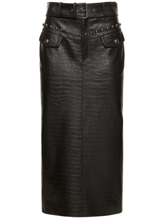 Alessandra Rich: Croco print leather midi skirt w/ studs - Black - women_0 | Luisa Via Roma