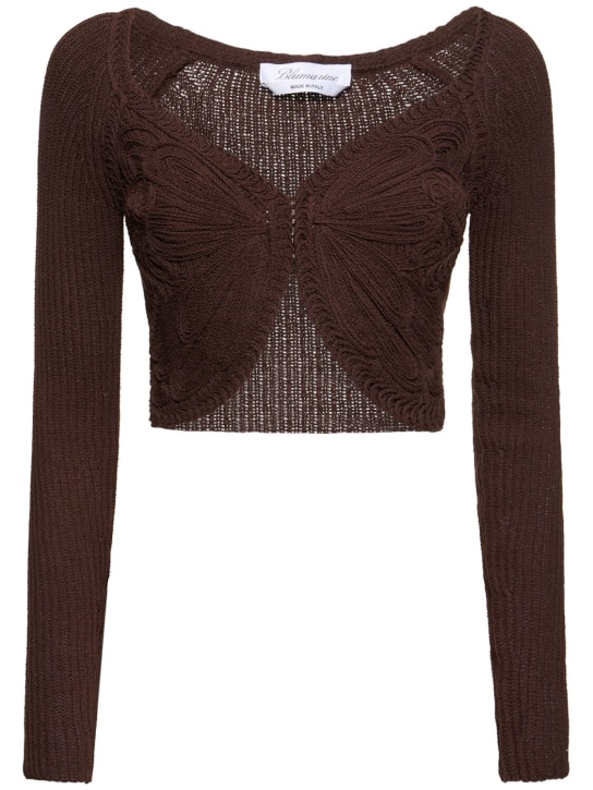 Blumarine: Cotton blend knit crop cardigan - Dark Brown - women_0 | Luisa Via Roma