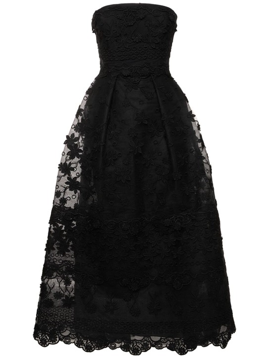 Elie Saab: Embroidered tulle strapless midi dress - Black - women_0 | Luisa Via Roma