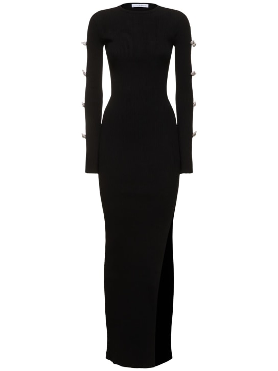 Mach & Mach: Robe longue en maille stretch embellie - Noir - women_0 | Luisa Via Roma