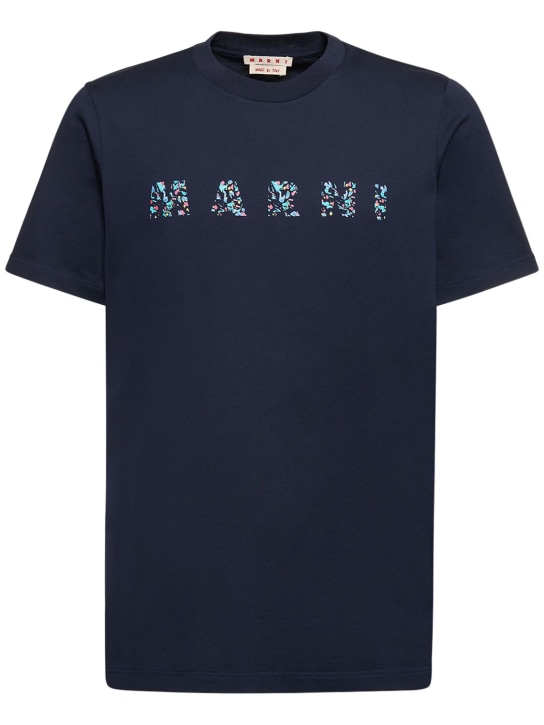 Marni: Floral logo print cotton jersey t-shirt - Black - men_0 | Luisa Via Roma