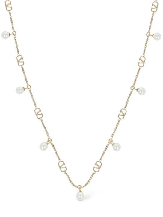 Valentino Garavani: V Logo Signature faux pearl necklace - Gold/Cream - women_0 | Luisa Via Roma