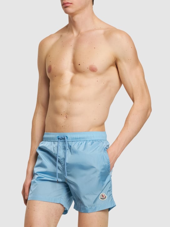 Moncler: Monogram tech swim shorts - Blue - men_1 | Luisa Via Roma