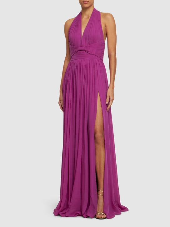 Elie Saab: Pleated silk long halter dress - Purple - women_1 | Luisa Via Roma