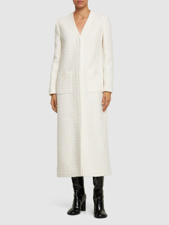 Valentino: Tweed lurex v neck long coat - Ivory - women_1 | Luisa Via Roma