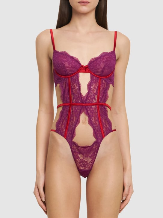 Fleur Du Mal: Naomi cut out lace bodysuit - Red/Purple - women_1 | Luisa Via Roma