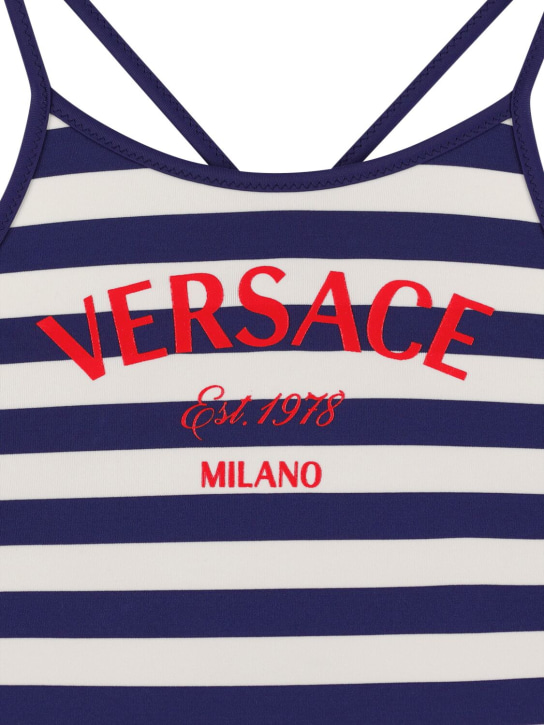Versace: Logo striped Lycra one piece swimsuit - White/Navy - kids-girls_1 | Luisa Via Roma