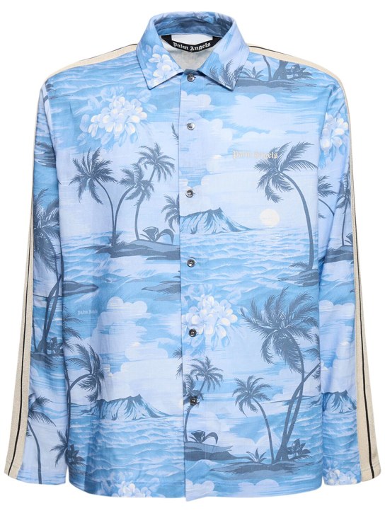 Palm Angels: Sunset linen blend track shirt - Indigo Blue - men_0 | Luisa Via Roma