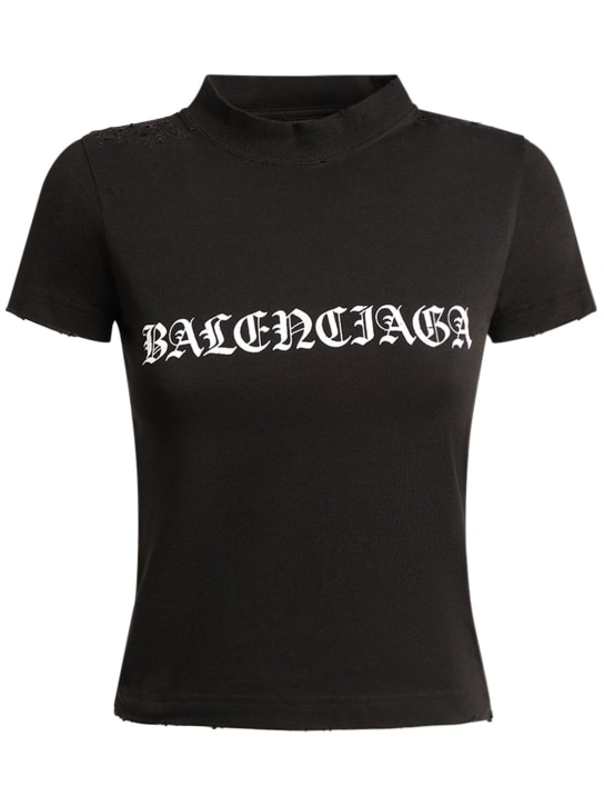 Balenciaga: T-Shirt aus geschrumpfter Baumwolle - Schwarz/Weiß - women_0 | Luisa Via Roma