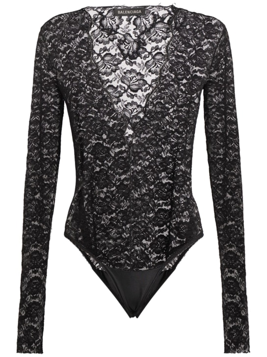 Balenciaga: Nylon blend lace V-neck bodysuit - Black - women_0 | Luisa Via Roma