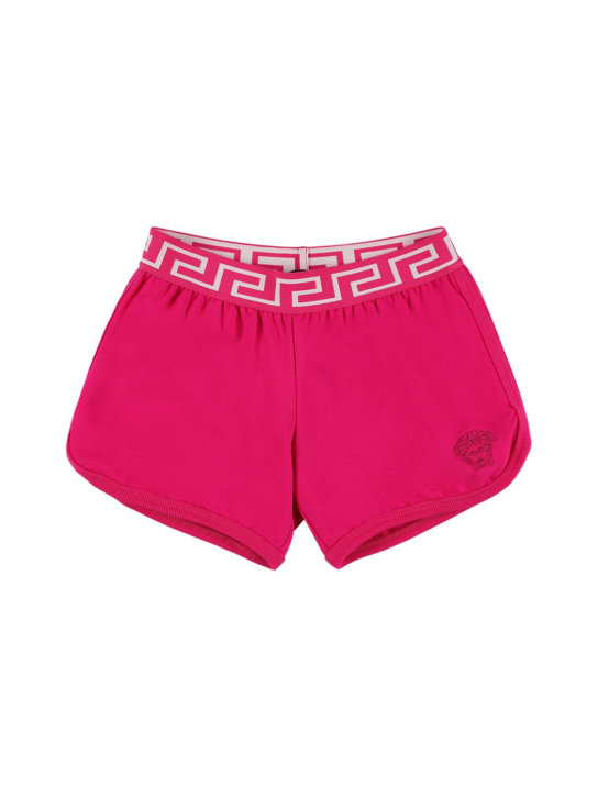 Versace: Shorts in jersey di cotone con ricamo - Fucsia - kids-girls_0 | Luisa Via Roma