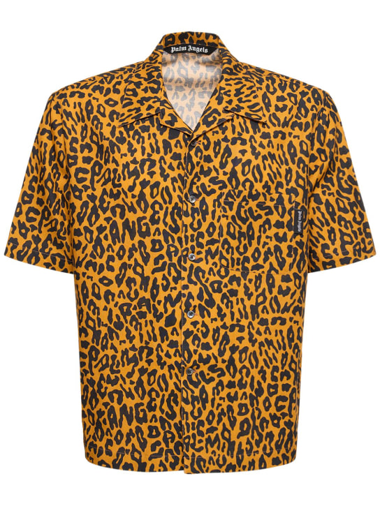Palm Angels: Cheetah linen blend bowling shirt - Orange/Black - men_0 | Luisa Via Roma