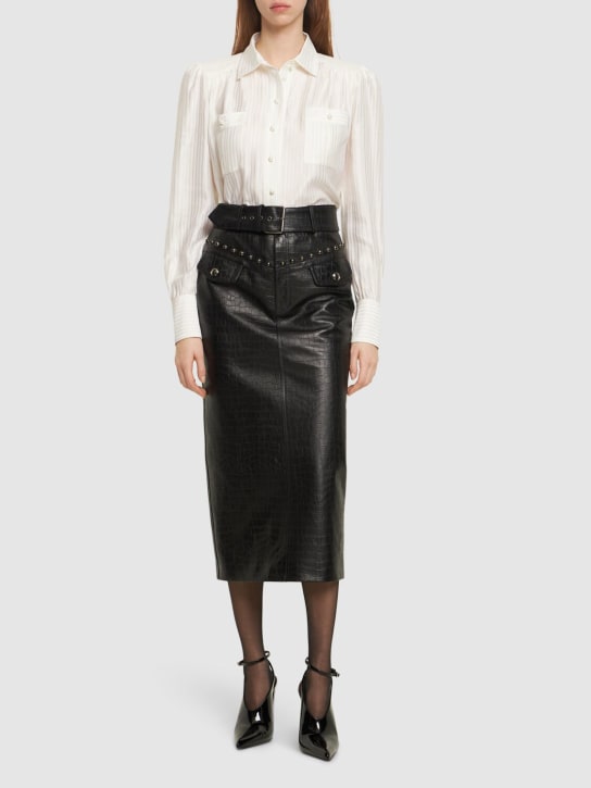 Alessandra Rich: Croco print leather midi skirt w/ studs - Black - women_1 | Luisa Via Roma