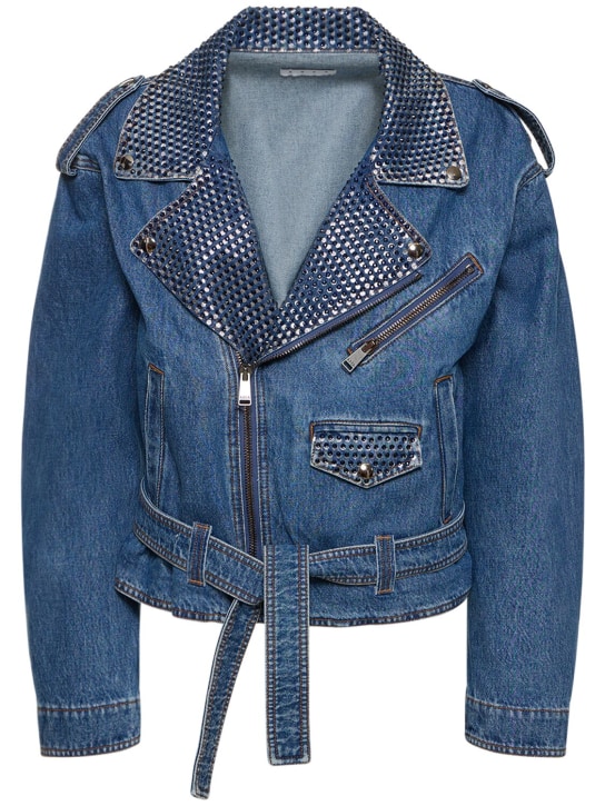 Area: Embellished cotton denim biker jacket - Blue - women_0 | Luisa Via Roma