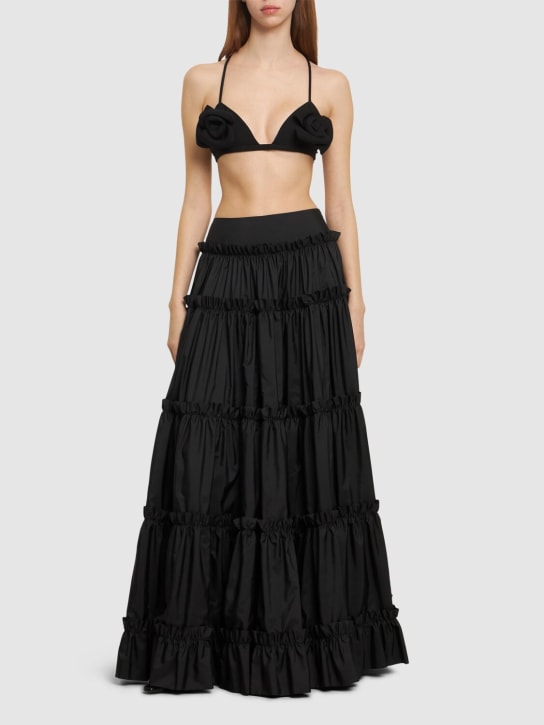 Roberto Cavalli: Solid nylon flared mid rise maxi skirt - Black - women_1 | Luisa Via Roma