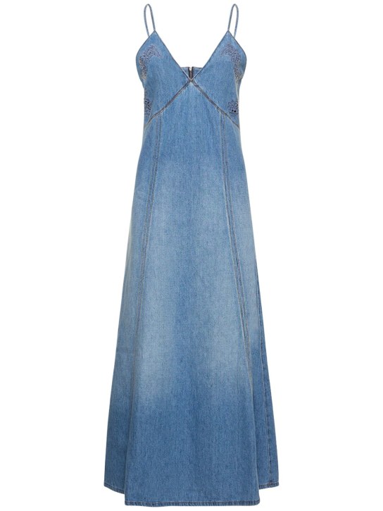 Chloé: Besticktes, langes Kleid aus Leinen und Baumwolle - Blau - women_0 | Luisa Via Roma
