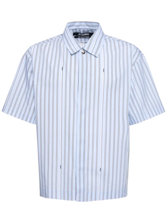 Jacquemus: La Chemise short sleeved shirt - Blue Striped - men_0 | Luisa Via Roma