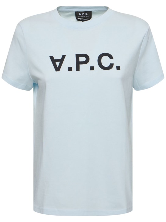 A.P.C.: Camiseta de jersey de algodón con logo - Azul Claro - women_0 | Luisa Via Roma