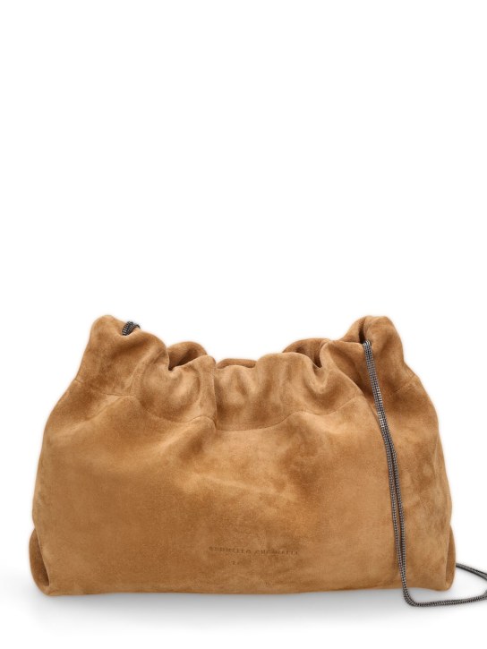 Brunello Cucinelli: Soft velour leather shoulder bag - Farro - women_0 | Luisa Via Roma