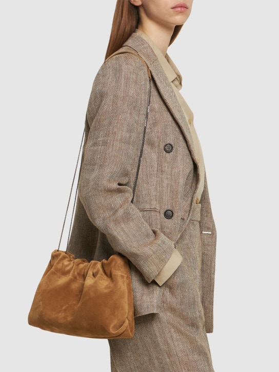 Brunello Cucinelli: Soft velour leather shoulder bag - Farro - women_1 | Luisa Via Roma