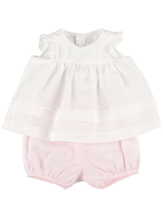 Il Gufo: Pleated linen shirt & shorts - White/Pink - kids-girls_0 | Luisa Via Roma