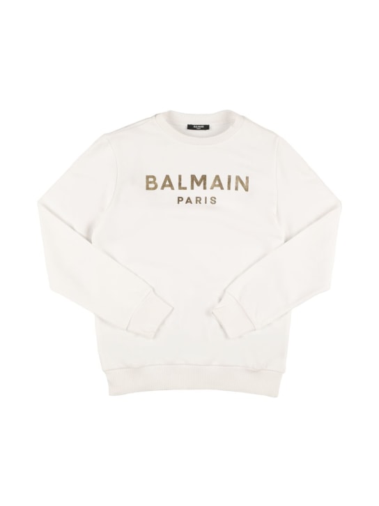 Balmain: Printed logo crewneck sweatshirt - White/Gold - kids-boys_0 | Luisa Via Roma