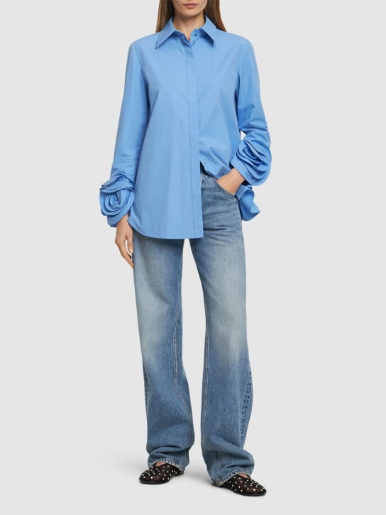 Valentino: Cotton poplin shirt w/ rose cuffs - Periwinkle Blue - women_1 | Luisa Via Roma