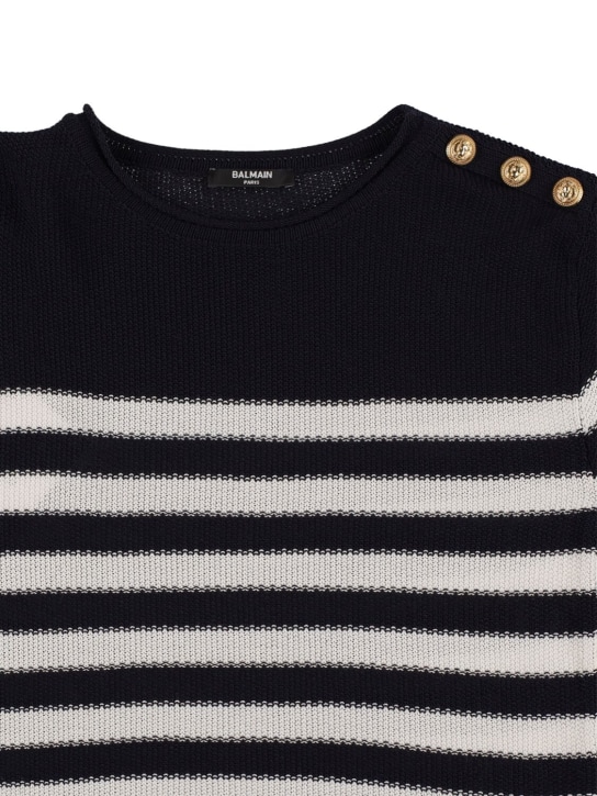 Balmain: Stiped knit cotton sweater - White/Black - kids-girls_1 | Luisa Via Roma