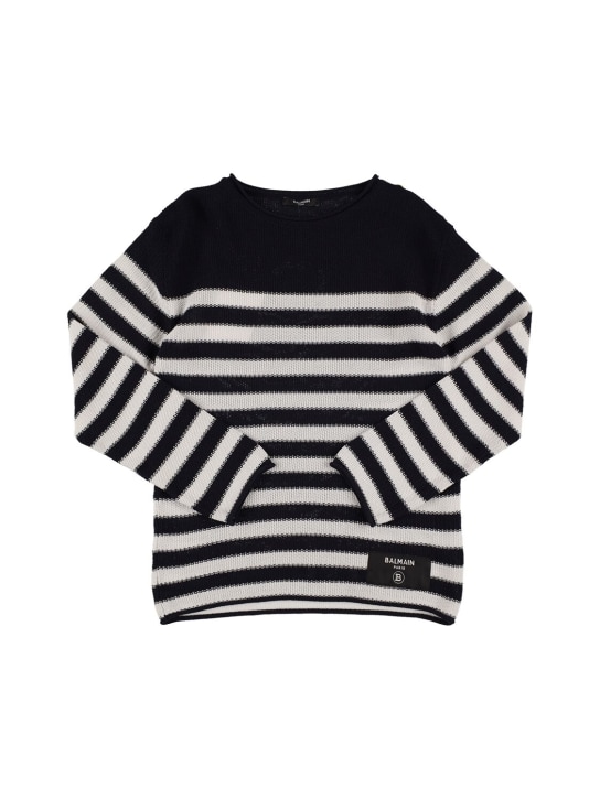Balmain: Suéter de punto de algodón - Blanco/Negro - kids-girls_0 | Luisa Via Roma