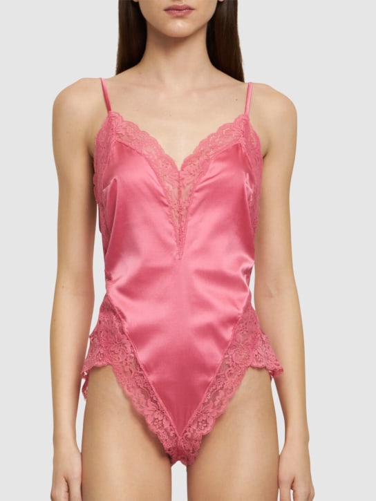 Fleur Du Mal: Venus lace & silk bodysuit - Pink Cadillac - women_1 | Luisa Via Roma