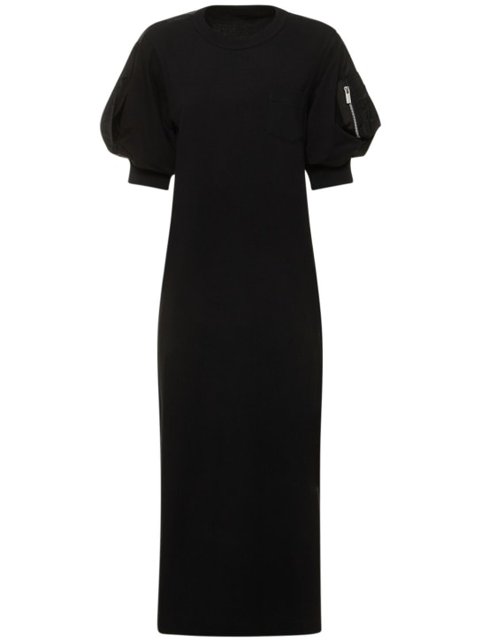 Sacai: Robe longue en sergé de nylon et jersey - Noir - women_0 | Luisa Via Roma