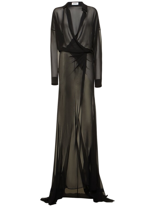 Mônot: Draped georgette long wrap shirt dress - Black - women_0 | Luisa Via Roma