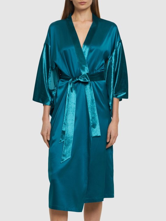 Fleur Du Mal: Velvet & stretch silk robe - Aquamarine - women_1 | Luisa Via Roma