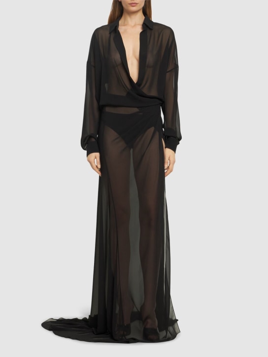 Mônot: Robe chemise longue en georgette drapée - Noir - women_1 | Luisa Via Roma