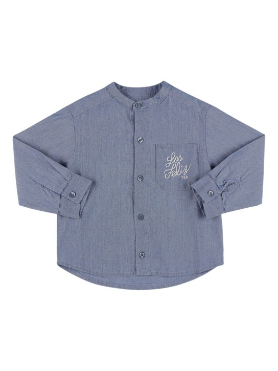 The New Society: Cotton chambray shirt w/embroidery - Light Blue - kids-boys_0 | Luisa Via Roma
