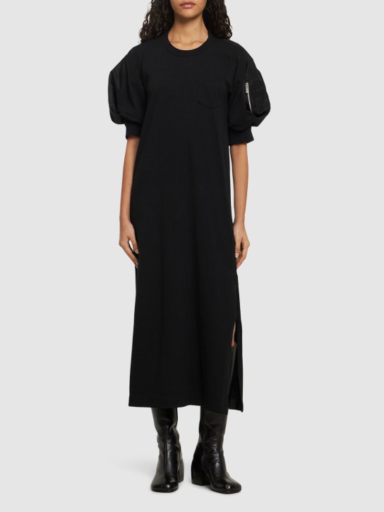 Sacai: Robe longue en sergé de nylon et jersey - Noir - women_1 | Luisa Via Roma