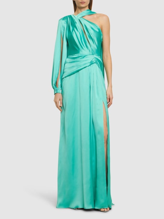Zuhair Murad: Draped light satin one-sleeve long dress - Green Water - women_1 | Luisa Via Roma