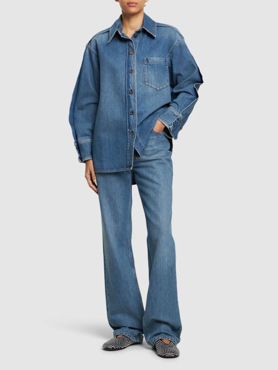 Victoria Beckham: Pleat detail oversize denim shirt - Blue - women_1 | Luisa Via Roma
