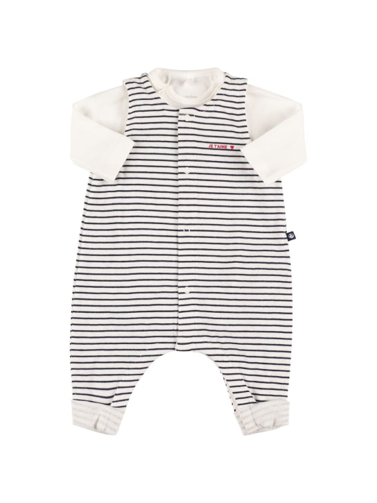 Petit Bateau: Striped cotton overalls & t-shirt - White/Navy - kids-boys_0 | Luisa Via Roma
