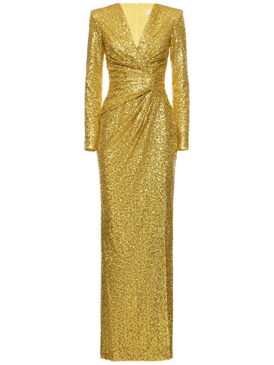 Zuhair Murad: Sequined draped v-neck long dress - Gold - women_0 | Luisa Via Roma